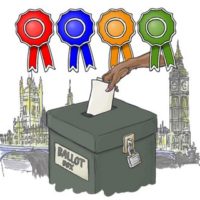 Four rosettes, coloured red, blue, yellow and green. The Houses of Parliament are underneath. In front is a ballot box with a hand casting a vote.