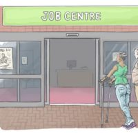 A woman using crutches walks towards a Job Centre