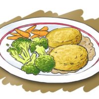 Plate with brocolli, carrots, veggie burgers and potatoes, on a brown background