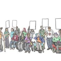 A group of people, including people using mobility devices, holding placards. A woman in an orange vest with a walking stick is being interviewed and filmed.