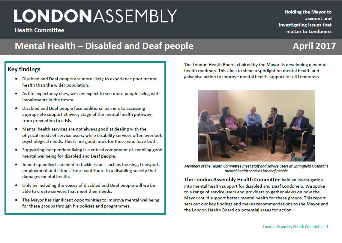 First page of the London Assembly's Mental Health - Deaf and Disabled people report