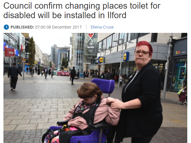 Screen grab of the Ilford Recorder website, with a headline which says 'Council confirm changing places toilet for disabled witll be installed in Ilford' with a photograph of a young woman using a wheelchair and an older woman standing behind her.