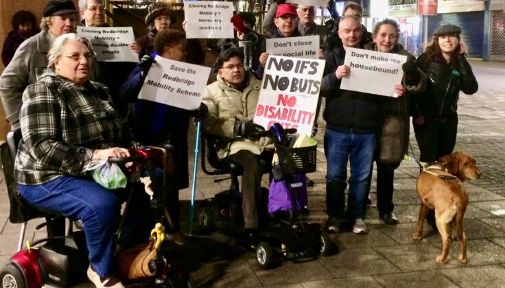 Groups of disabled campaigners outside Redbridge town hall