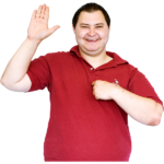 A white Disabled man pointing to himself