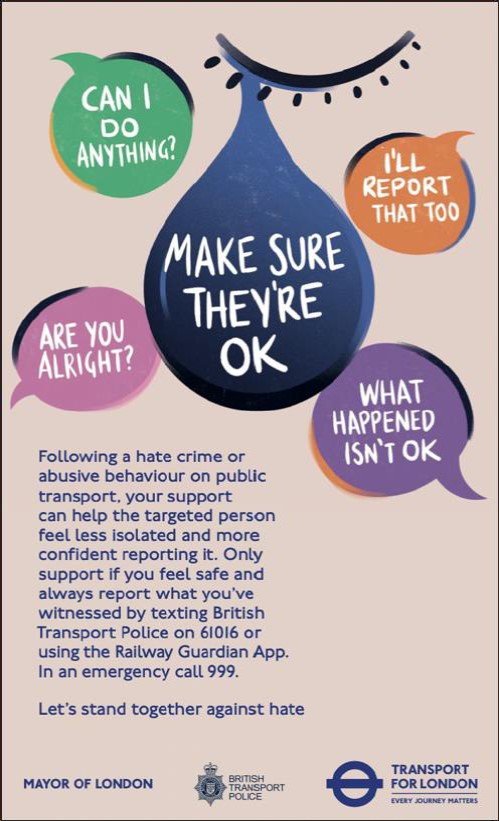 Image representing someone crying with text in the tear: "Make sure they're okay", surrounded by speech bubbles. The text in the speech bubbles is: "Can I do anything?", "I'll report that, too", "ARe you alright?", and "What happened isn't okay." Underneath is more text: Following a hate crime or abusive behaviour on public transport, your support can help the targeted person feel less isolated and more confident reporting it. Only support if you feel safe and always report what you've witnessed by texting British Transport Police on 61016 or using the Railway Guardian App. In an emergency, call 999. Let's stand together against hate.